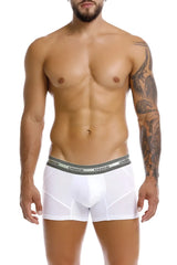 White unico men’s boxer briefs with gray waistband featuring black brand name for comfortable everyday wear