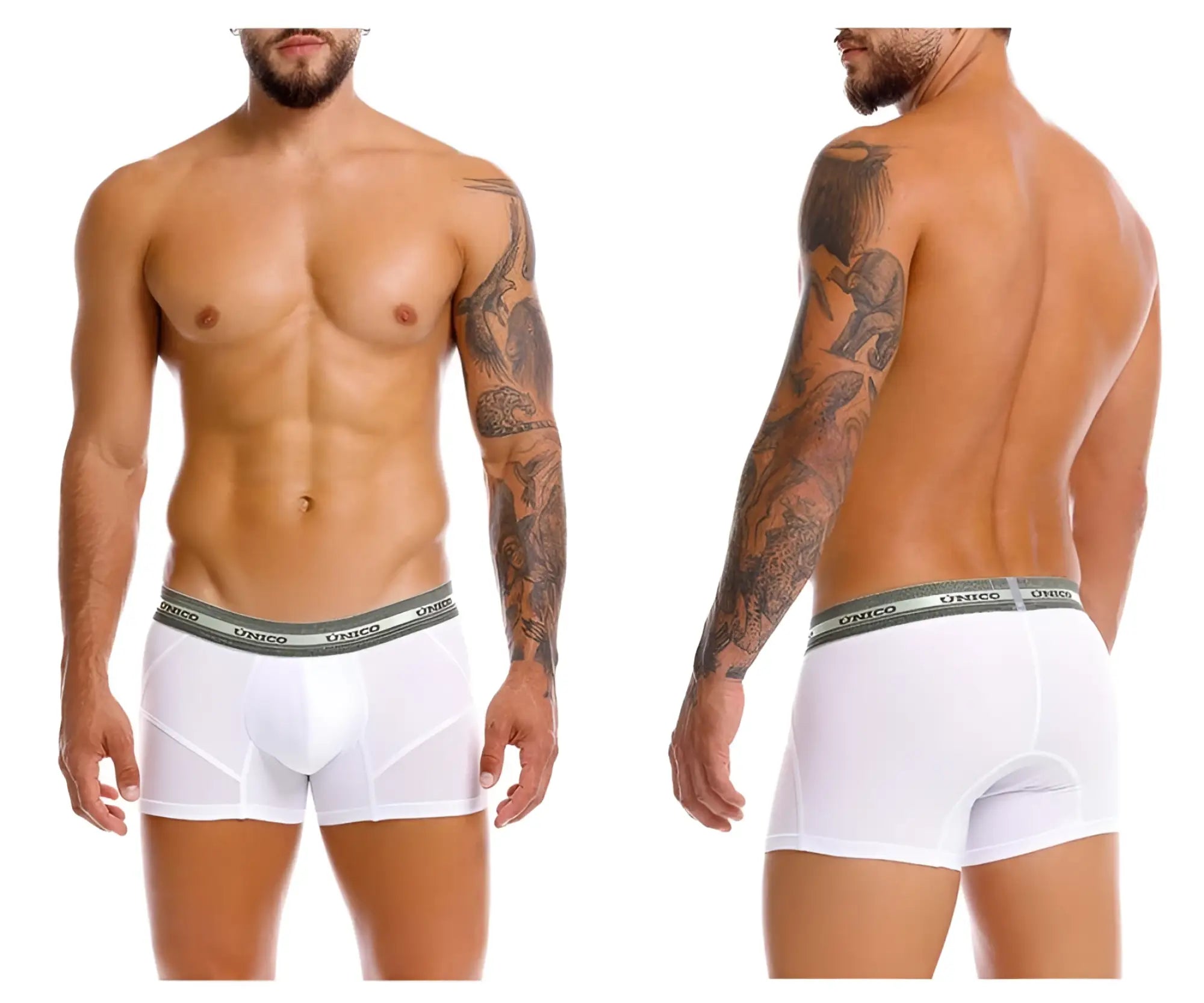 White unico men’s boxer briefs with gray elastic waistband featuring brand name in sensacion trunks color 00-white