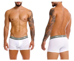 White unico men’s boxer briefs with gray elastic waistband featuring brand name in sensacion trunks color 00-white