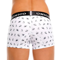 White unico frenchis trunks briefs with black and white cartoon dog pattern and unico logo on waistband