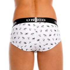 White briefs with black and white dog pattern and black unico branded waistband from unico 25040101130 frenchis briefs