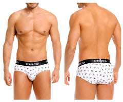 White unico 25040101130 frenchis briefs with black waistband and small stylized animal pattern in white color