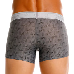 Gray patterned unico 25050100103 chisell trunks with white elastic waistband featuring unico brand logo
