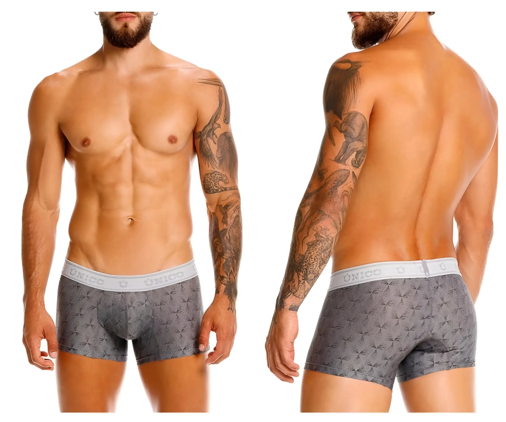 Gray patterned men’s boxer briefs with white unico logo waistband from unico 25050100103 chisell trunks color 59-gray