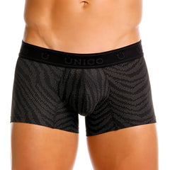 Black unico boxer briefs with subtle gray zigzag pattern and branded elastic waistband model unico 25050100104 zelmur trunks