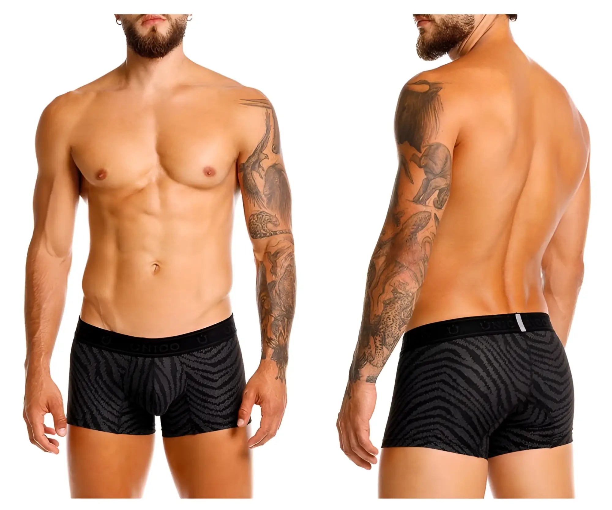 Black Unico 25050100104 Zelmur trunks with subtle gray zebra stripes and branded elastic waistband