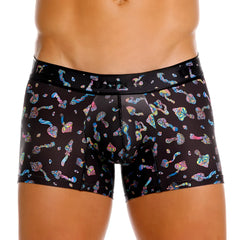 Black men’s boxer briefs featuring a vibrant psychedelic mushroom pattern in rainbow hues color 99 black