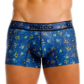 Blue Unico boxer briefs with vibrant orange and yellow abstract pattern in fabric Unico 25060100106 Pacer Trunks Color 46-Blue