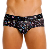 Black men’s briefs unico 25060101103 with vibrant iridescent mushroom rainbow pattern and the co waistband in black