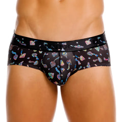 Black men’s briefs unico 25060101103 with vibrant iridescent mushroom rainbow pattern and the co waistband in black