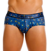Blue unico men’s briefs featuring a vibrant colorful pattern of abstract figures and shapes on the fabric