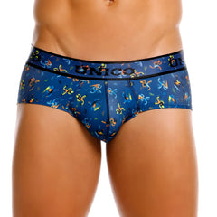 Blue unico men’s briefs featuring a vibrant colorful pattern of abstract figures and shapes on the fabric