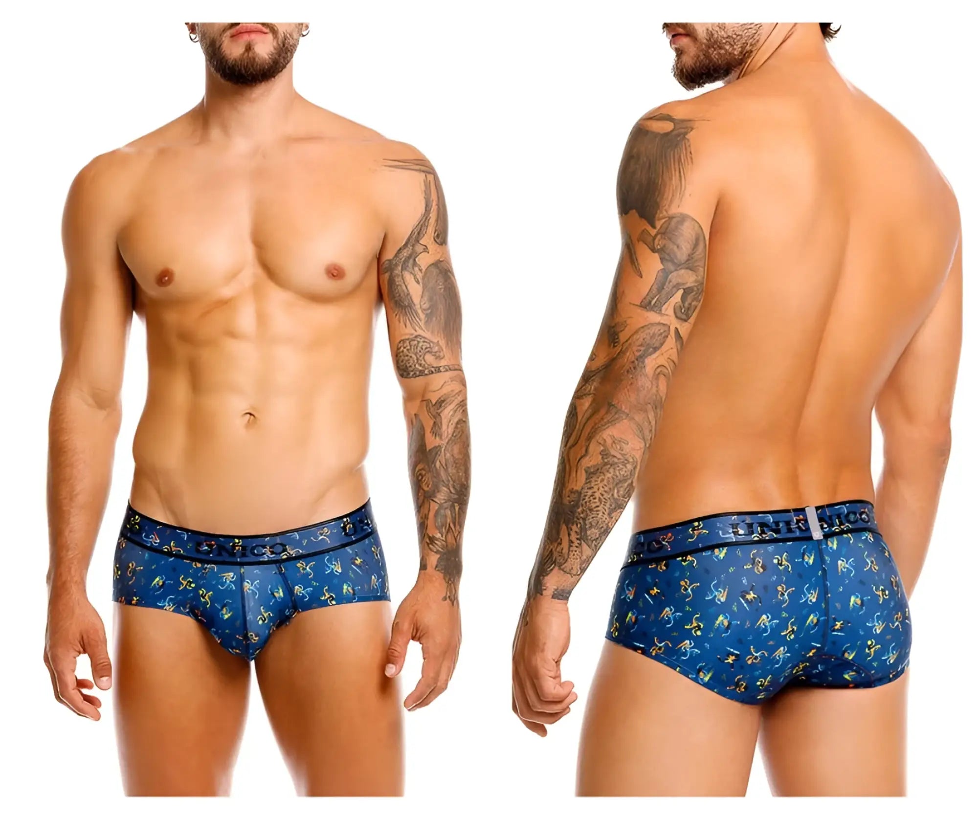 Blue patterned Unico 25060101106 Pacer briefs for men with decorative waistband featuring the brand name