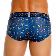 Blue patterned Unico 25060101106 Pacer briefs with vibrant orange and yellow stylized figures on dark fabric