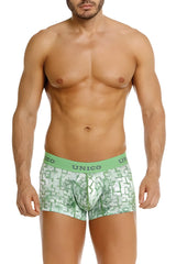 Green patterned men’s boxer briefs with geometric design and único brand waistband in color 43-green