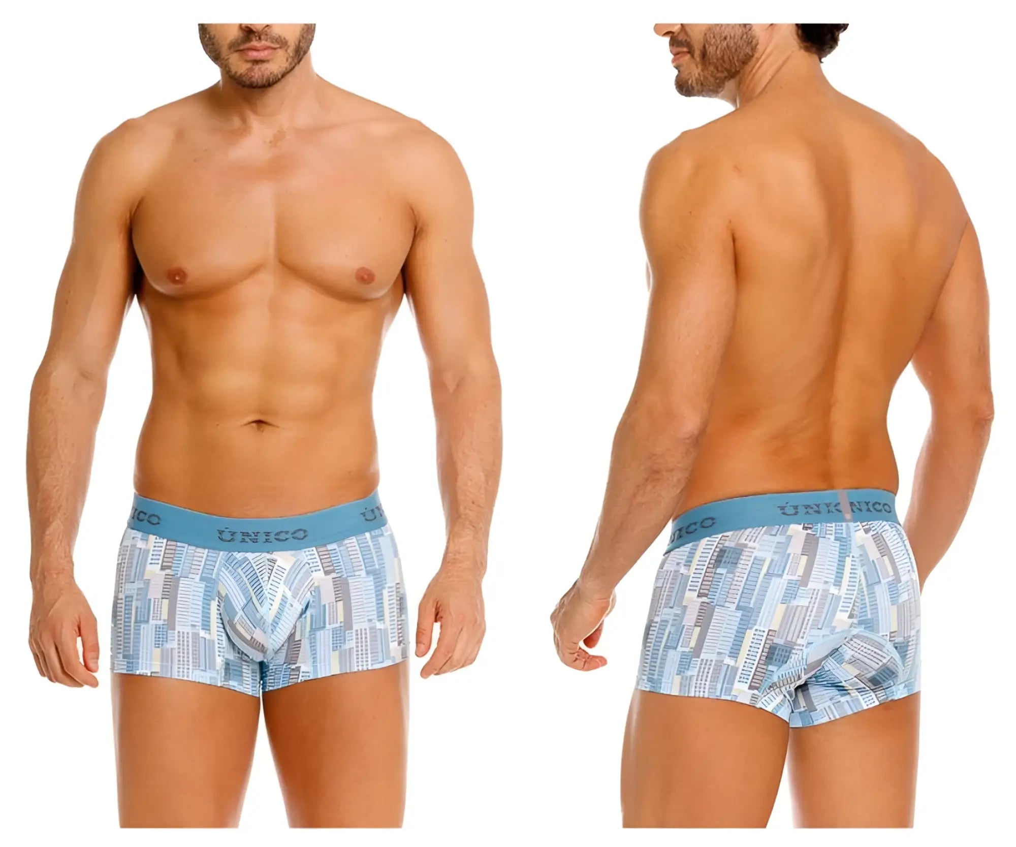 Blue and white patterned unico 26020100103 ocarina trunks boxer briefs with cityscape design color 46-blue