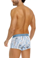 Blue and white patterned boxer briefs with cityscape design and unik nico waistband from unico 26020100103 ocarina trunks