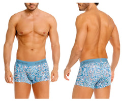 Blue patterned men’s boxer briefs with a light blue unico waistband from unico 26020100112 lignina trunks color 46-blue