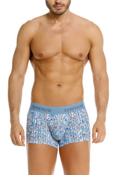 Blue patterned men’s boxer briefs with light blue unico waistband in unico 26020100112 lignina trunks color 46-blue