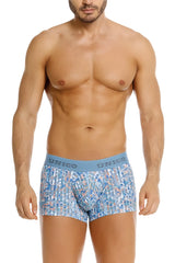 Blue patterned men’s boxer briefs with light blue unico waistband in unico 26020100112 lignina trunks color 46-blue