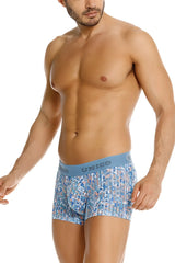 Men’s blue patterned boxer briefs with solid light blue unico waistband lignina trunks color 46-blue