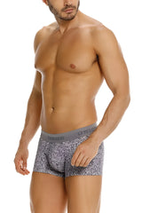 Gray suede trunks with a patterned design and solid gray waistband featuring the unico brand name