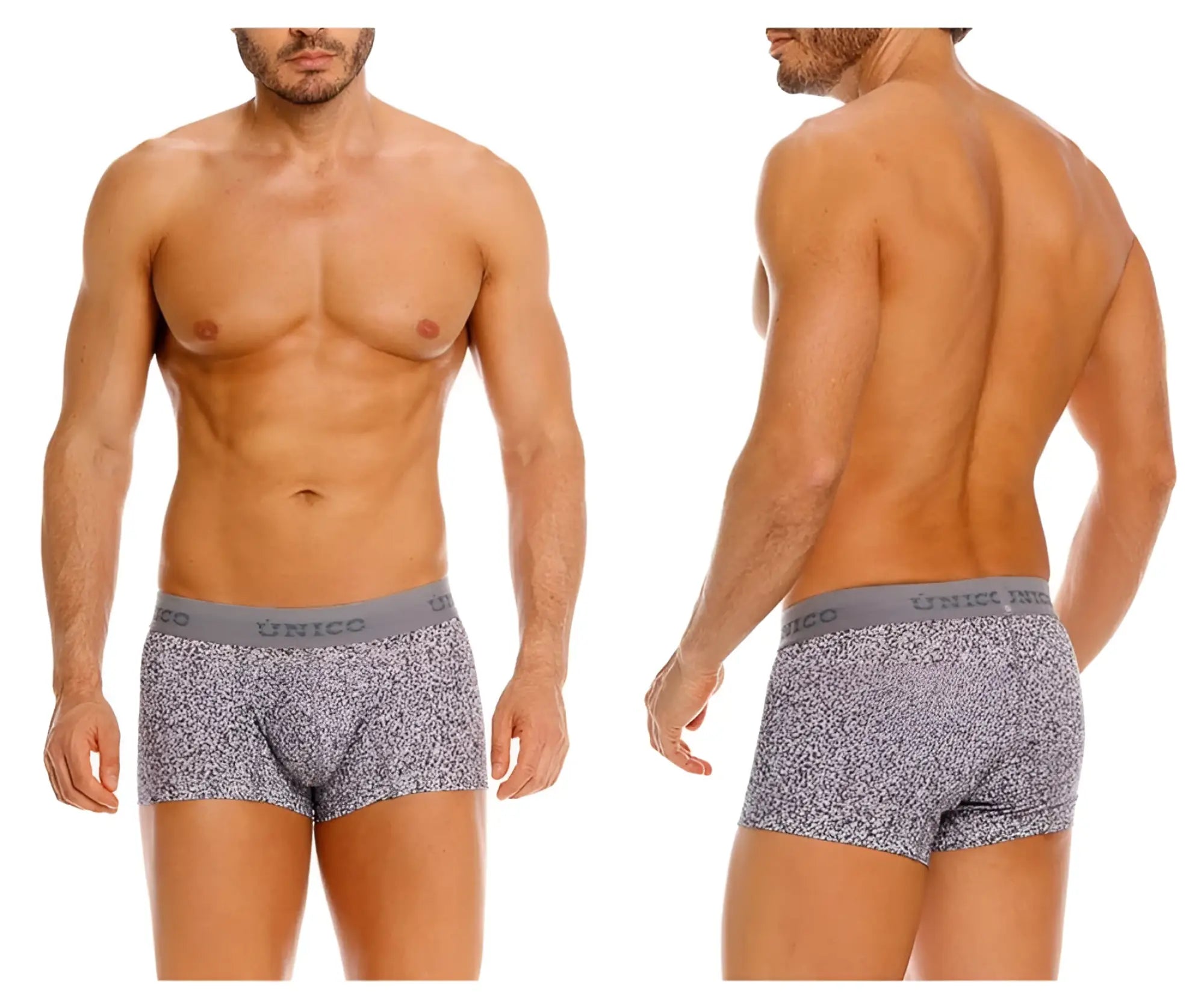 Unico 26020100114 suede trunks in gray feature a patterned speckled design and a solid waistband with the unico brand name