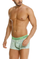 Unico 26020100115 hunos trunks in light green patterned fabric with solid lime-green waistband and unico branding