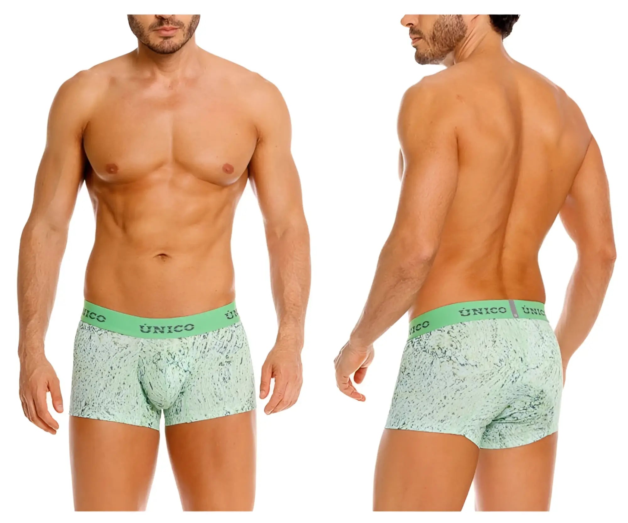 Mint green patterned unico 26020100115 hunos trunks briefs with a solid waistband featuring the unico brand name