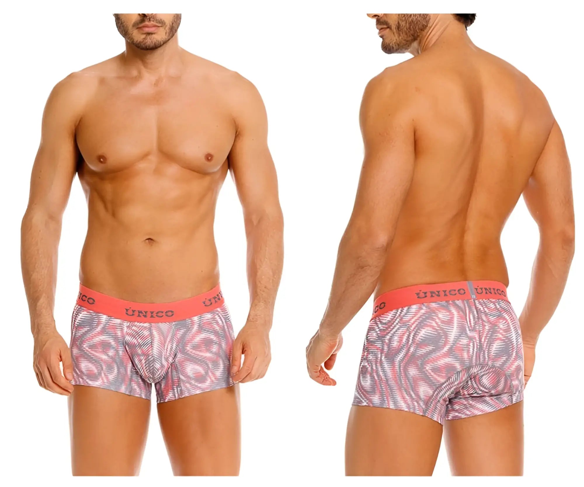 Men’s unico 26020100116 acanalado trunks pink and gray patterned boxer briefs with red waistband