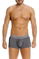 Gray heathered unico 26020100121 brio men’s boxer briefs with black side panels and branded waistband in color 59-gray