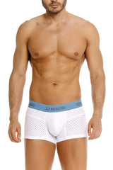 White unico boxer briefs with light blue waistband brand name and perforated mesh side panels sedoso trunks color 00-white