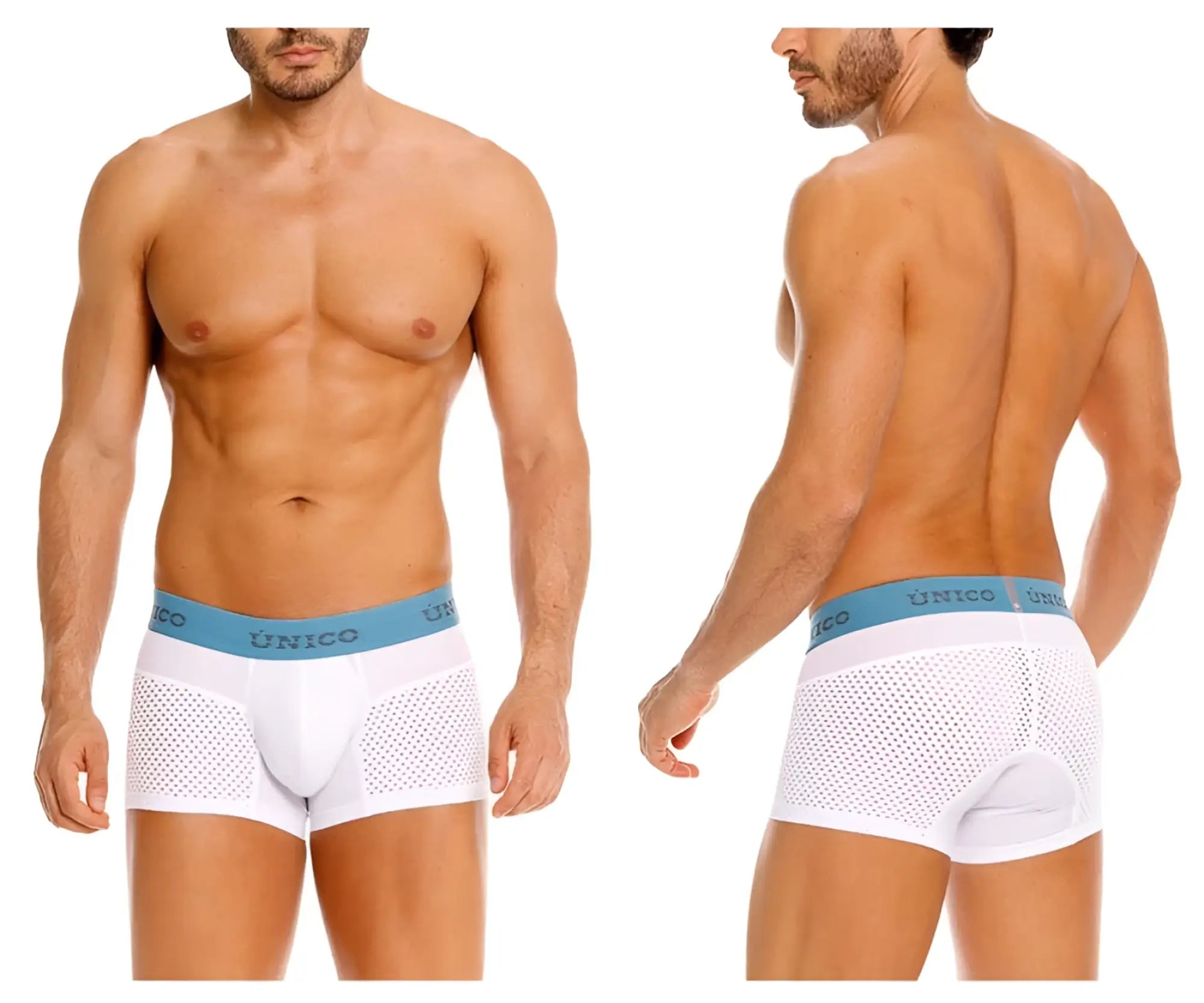 White mesh briefs with a light blue unico waistband in unico 26020100122 sedoso trunks color 00-white