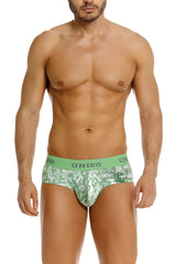 Green patterned unico piramide briefs with solid green waistband featuring the unico brand name in color 43-Green