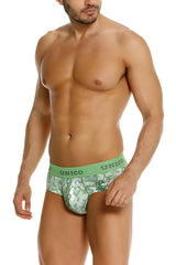 Green patterned unico piramide briefs with solid waistband in green color for comfortable everyday wear