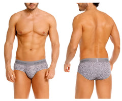 Gray suede briefs with gray patterned fabric and solid gray waistband featuring the unico brand name