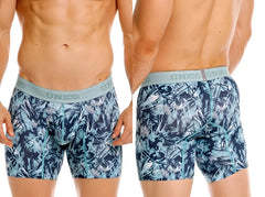 Men’s unico 26040100212 blue and teal tropical leaf patterned boxer briefs with light gray waistband