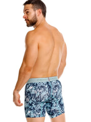 Men’s unico 26040100212 blue and teal tropical leaf boxer briefs with light gray waistband in color 43-blue