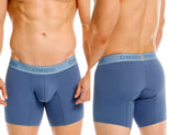 Blue unico boxer briefs with matching elastic waistband featuring light gray brand name for premium comfort and style