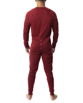 A maroon long-sleeved thermal union suit 2.0 with a buttoned back closure shown from the back side