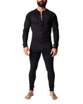 Black long-sleeved henley-style thermal union suit with button-front and subtle chest embroidery