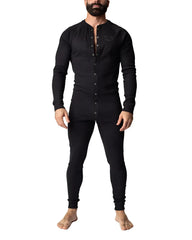 Black long-sleeved henley-style thermal union suit with button-front and subtle chest embroidery