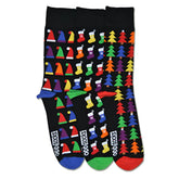 Black christmas socks by united oddsocks featuring colorful santa hats stockings and trees with multicolored toe caps size 7-12