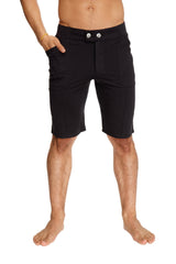 Black urban tactical at home dress shorts with sleek modern design and silver-toned button closures at waistband