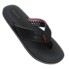 Black leather USA sandal flip-flop with red white and blue star-patterned strap and orange brand tag