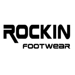 Black rockin footwear logo with bold modern typography on usa sandal black leather for casual wear