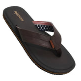 Brown leather style usa sandal flip-flop with american flag strap and rockin embroidered on the insole