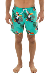 Teal UZZI microfiber short swim trunks with vibrant tropical toucan and leaf print and white drawstrings