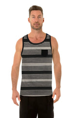 Uzzi pocket tank top featuring black and gray horizontal stripes with a black pocket on the left side