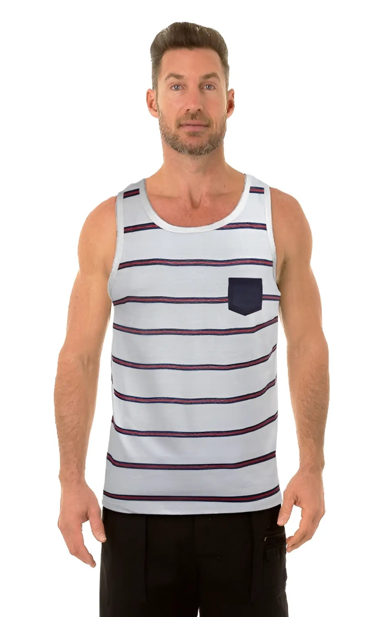 Uzzi pocket tank top white cotton tank top with navy blue horizontal stripes and a matching left chest pocket